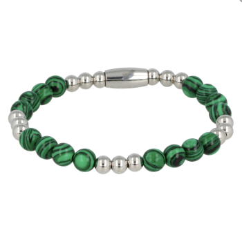My Bendel Armband, Elastische Edelstalen Kralenarmband met  Malachiet Edelsteen (17cm). - 21444