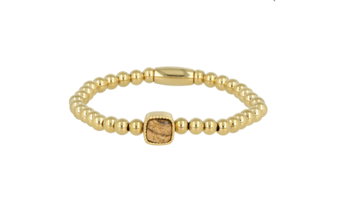 My Bendel Armband, Elastische Edelstaal-vergulde armband met Picture Jasper bedel (17cm). - 21477