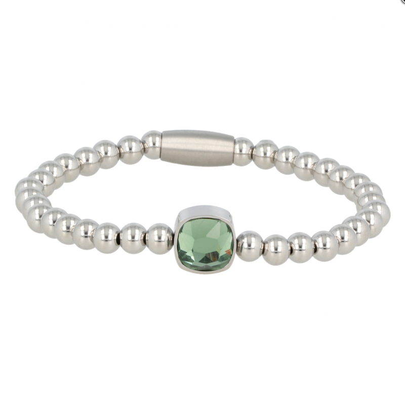 My Bendel Armband, Elastische Edelstalen armband met  Groen Kristalglas bedel (19cm). - 21458