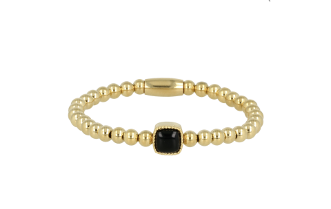 My Bendel Armband, Elastische Edelstaal-vergulde armband met  Onyx bedel (17cm). - 21488