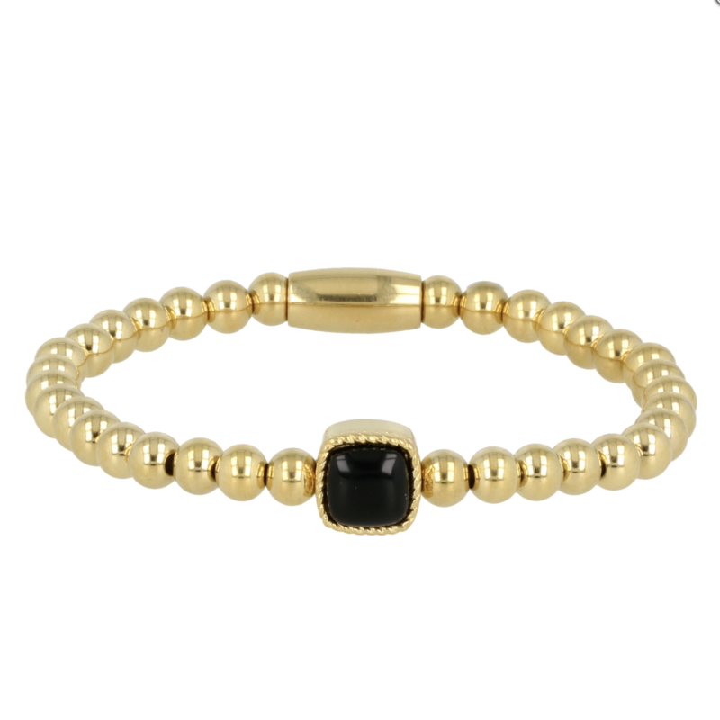My Bendel Armband, Elastische Edelstaal-vergulde armband met  Onyx bedel (Small). - 21488