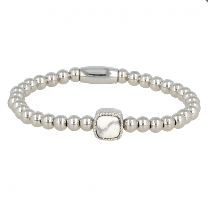 My Bendel Armband, Elastische Edelstalen armband met Howlite bedel (17cm). - 21481