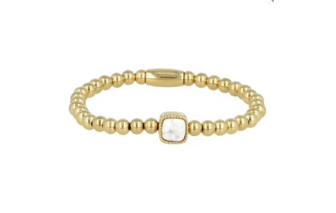 My Bendel Armband, Elastische Edelstaal-verguld armband met Howlite bedel (19cm). - 21484