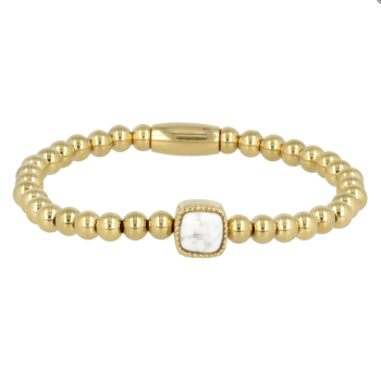 My Bendel Armband, Elastische Edelstaal-verguld armband met Howlite bedel (17cm). - 21483 My Bendel Armband, Elastische Edelstaal-verguld armband met Howlite bedel (17cm). - 21483