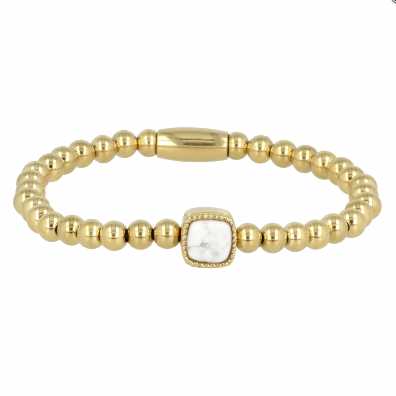 My Bendel Armband, Elastische Edelstaal-verguld armband met Howlite bedel (17cm). - 21483