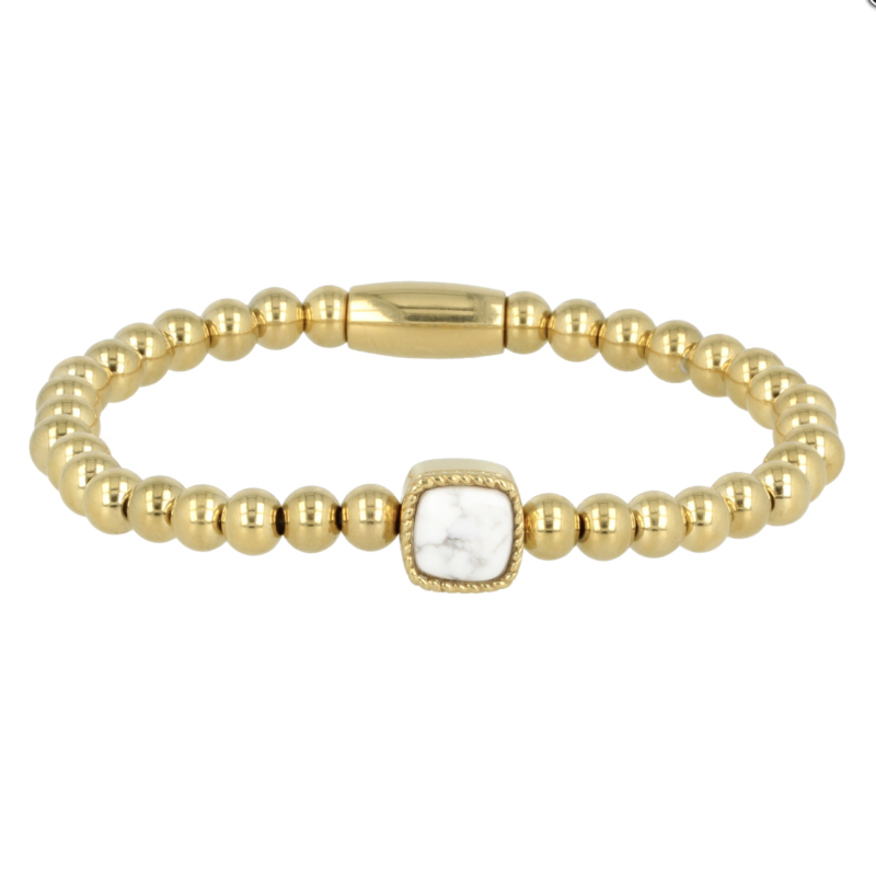 My Bendel Armband, Elastische Edelstaal-verguld armband met Howlite bedel (17cm). - 21483
