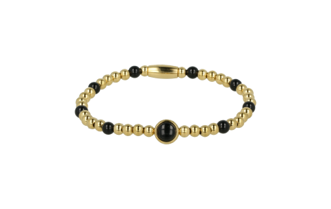 My Bendel Armband, Elastische Edelstaal-verguld Kralenarmband met Onyx Edelsteen (Small). - 21868