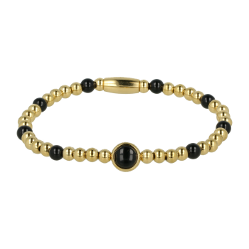 My Bendel Armband, Elastische Edelstaal-verguld Kralenarmband met Onyx Edelsteen (Medium). - 21872 My Bendel Armband, Elastische Edelstaal-verguld Kralenarmband met Onyx Edelsteen (Medium). - 21872