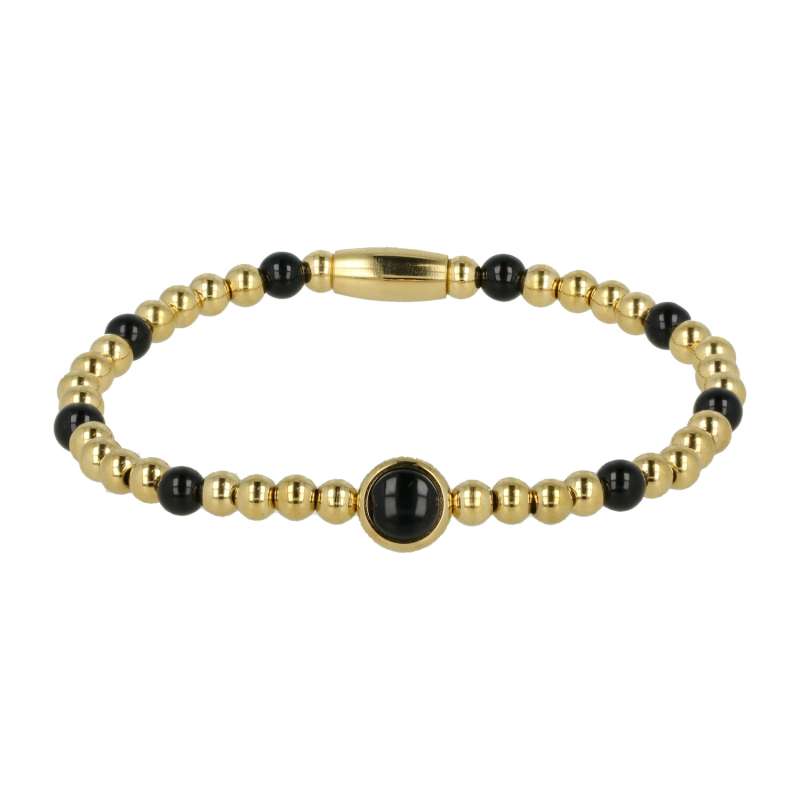 My Bendel Armband, Elastische Edelstaal-verguld Kralenarmband met Onyx Edelsteen (Medium). - 21872