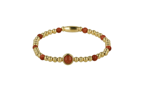 My Bendel Armband, Elastische Edelstaal-verguld Kralenarmband met Gold Sand Stone Edelsteen (Medium). - 21874