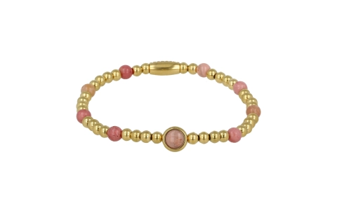 My Bendel Armband, Elastische Edelstaal-verguld Kralenarmband met Rhodoniet Edelsteen (medium). - 21880