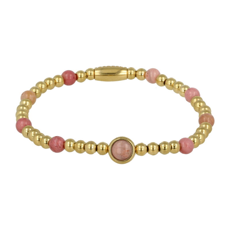 My Bendel Armband, Elastische Edelstaal-verguld Kralenarmband met Rhodoniet Edelsteen (medium). - 21880