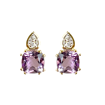Oorknoppen, 14krt.goud met Amethist en 0,01ct.Diamant (lengte: 8mm.) - 22340