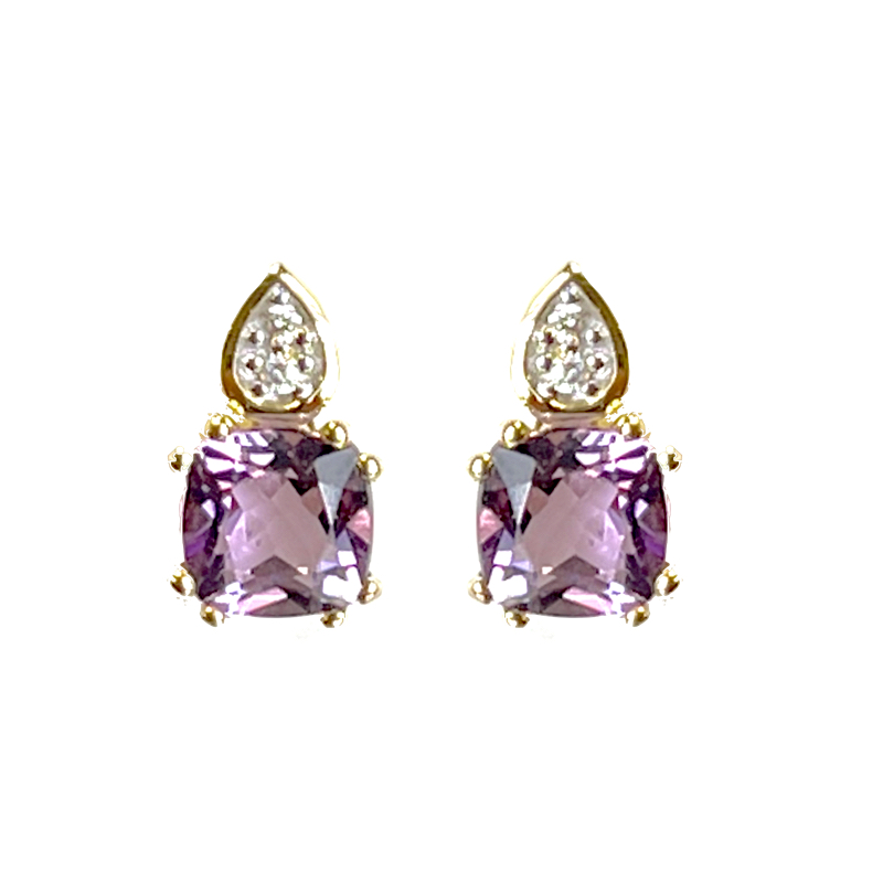 Oorknoppen, 14krt.goud met Amethist en 0,01ct.Diamant (lengte: 8mm.) - 22340