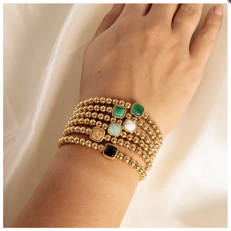 My Bendel Armband, Elastische Edelstaal-vergulde armband met  Agaat bedel. - 22511