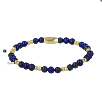 My Bendel Armband, Elastische Edelstaal Vergulde Kralenarmband met Lapis Lazuli (Medium) - 22658