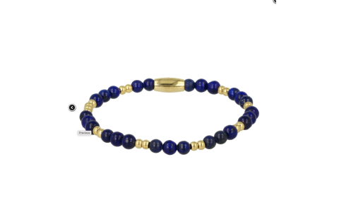 My Bendel Armband, Elastische Edelstaal Vergulde Kralenarmband met Lapis Lazuli (Medium) - 22658