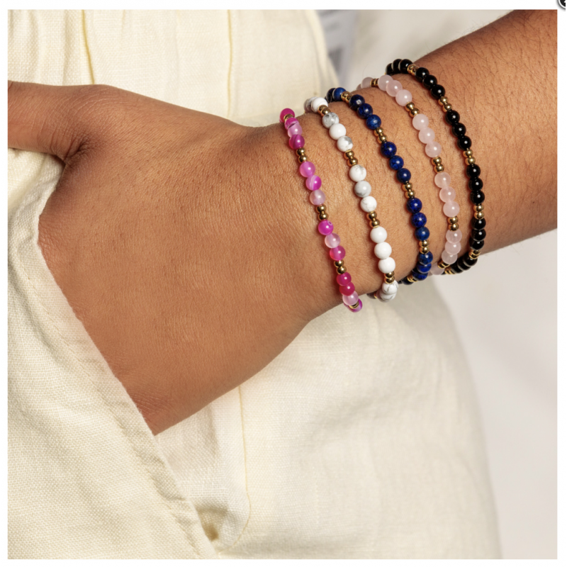My Bendel Armband, Elastische Edelstaal Vergulde Kralenarmband met Lapis Lazuli (Medium) - 22658
