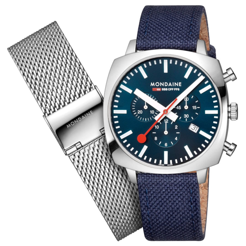 Mondaine Horloge Grand Cushion MSL.41440.LD Blauw (met extra band) - 22691 Mondaine Horloge Grand Cushion MSL.41440.LD Blauw (met extra band) - 22691