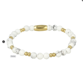 My Bendel Armband, Elastische Edelstaal Vergulde Kralenarmband met Howlite Edelstenen (Small) - 22739