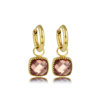 My Bendel Oorringen, edelstaal verguld met roze glassteen (oorringen 14x2mm.) - 23067