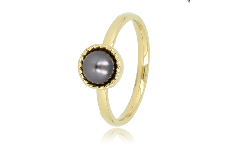 My Bendel Ring, edelstaal 14 krt.verguld met zwarte glasparel - 23123