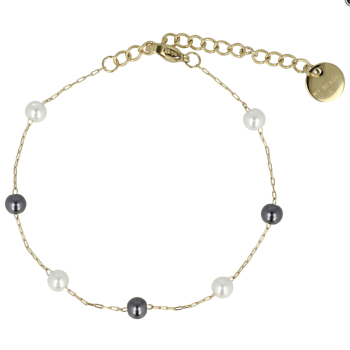 My Bendel Armband, edelstaal verguld met zwart/witte glasparels (lengte: 15,5-20,5cm.) - 23130