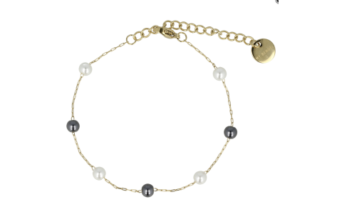 My Bendel Armband, edelstaal 14 krt.verguld met zwart/witte glasparels (lengte: 15,5-20,5cm.) - 23130