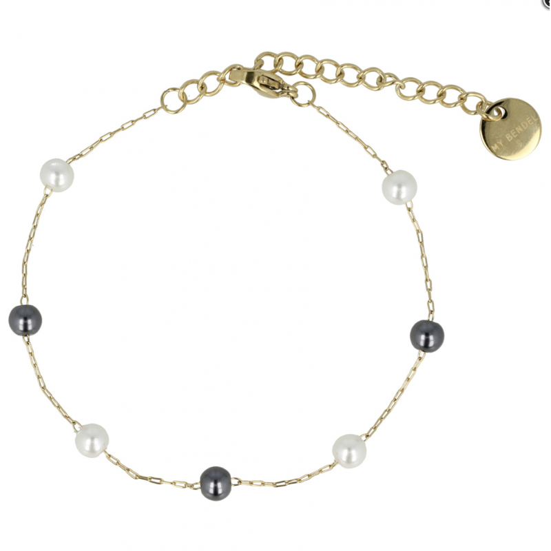 My Bendel Armband, edelstaal verguld met zwart/witte glasparels (lengte: 15,5-20,5cm.) - 23130