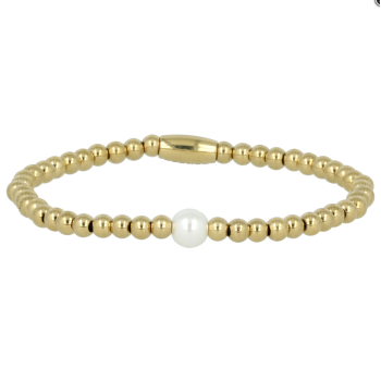 My Bendel Armband, Elastische Edelstaal Vergulde Kralenarmband met glasparel - 23138