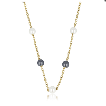 My Bendel Collier, edelstaal verguld met zwarte en witte glasparels (lengte: 40-45cm.) - 23142