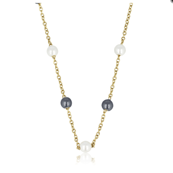 My Bendel Collier, edelstaal verguld met zwarte en witte glasparels (lengte: 40-45cm.) - 23142