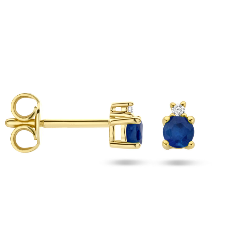 Oorknoppen, 14krt.goud met saffier en diamant (totaal 0,015ct.) - 23145 Oorknoppen, 14krt.goud met saffier en diamant (totaal 0,015ct.) - 23145
