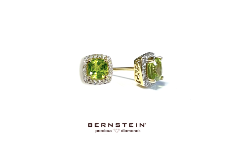 Bernstein Oorknoppen, 14krt.goud met peridot en diamant (afmeting: 7,5mm.) - 23269