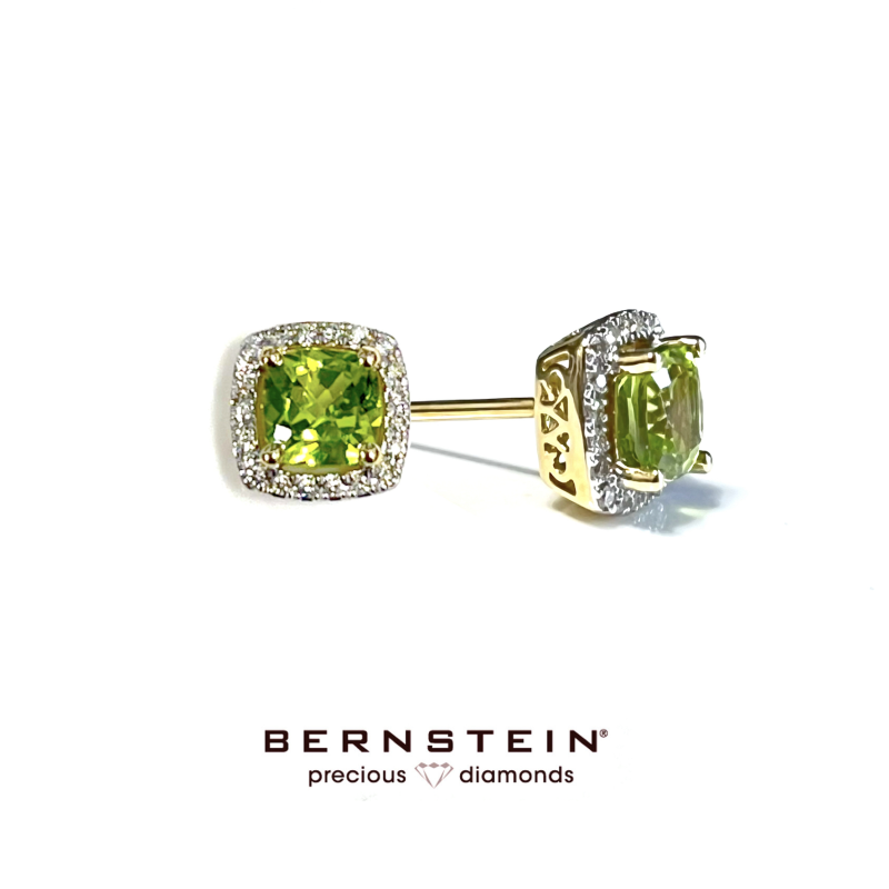 Bernstein Oorknoppen, 14krt.goud met peridot en diamant (afmeting: 7,5mm.) - 23269 Bernstein Oorknoppen, 14krt.goud met peridot en diamant (afmeting: 7,5mm.) - 23269