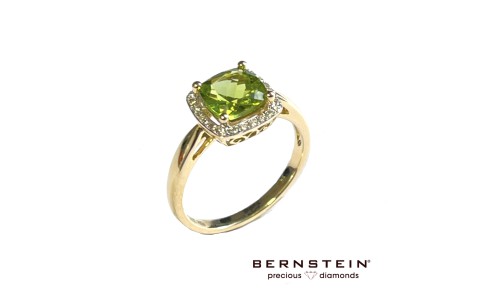 Bernstein Ring, 14krt.goud met peridot en diamant - 23271