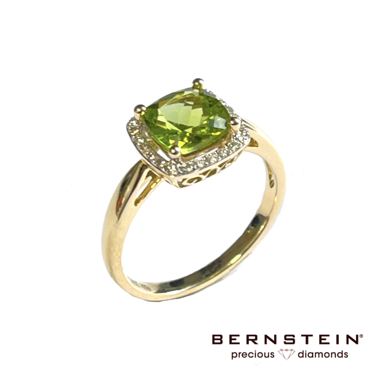 Bernstein Ring, 14krt.goud met peridot en diamant - 23271