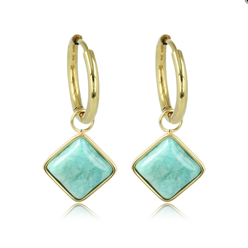 My Bendel Oorringen, edelstaal verguld met Amazonite (16x2mm.) - 23330