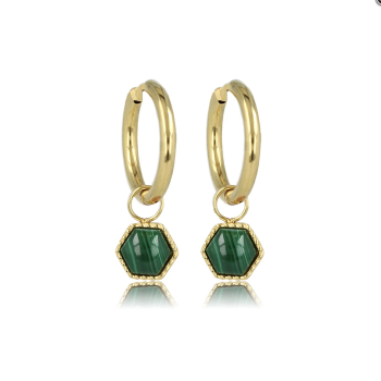My Bendel Oorringen, edelstaal verguld met Malachite model Zeshoek (12x2mm.) - 23361