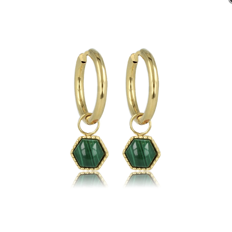 My Bendel Oorringen, edelstaal verguld met Malachite model Zeshoek (12x2mm.) - 23361 My Bendel Oorringen, edelstaal verguld met Malachite model Zeshoek (12x2mm.) - 23361