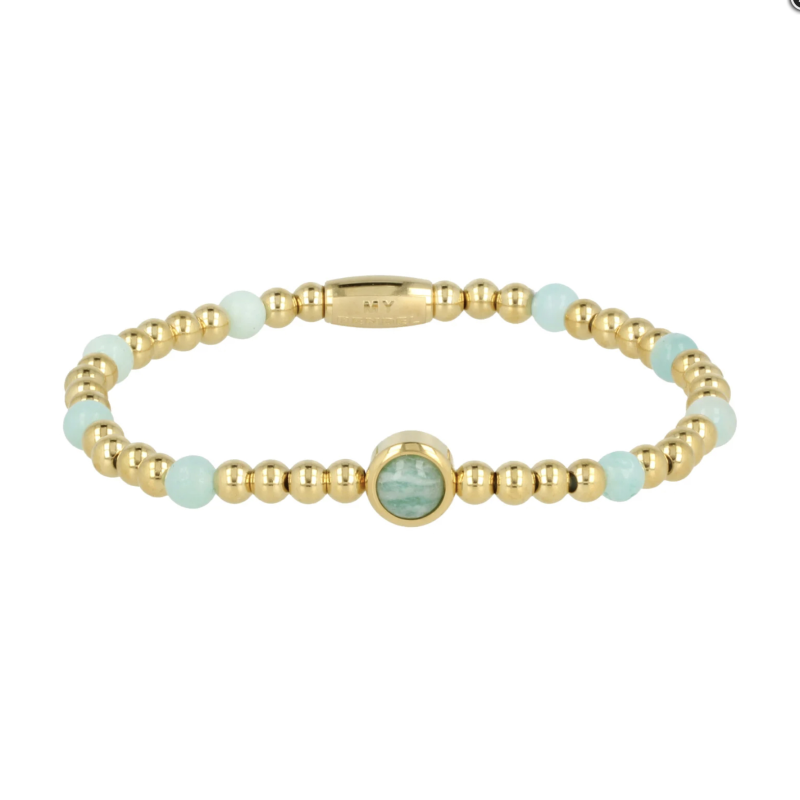 My Bendel Armband, elastische edelstaal-vergulde kralenarmband met Amazonite - 23367 My Bendel Armband, elastische edelstaal-vergulde kralenarmband met Amazonite - 23367