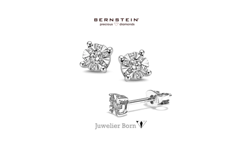 Bernstein Oorknoppen, 14krt.witgoud met diamant totaal 0,12ct. - 23460