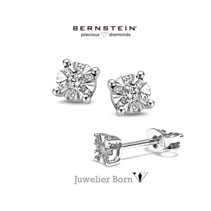 Bernstein Oorknoppen, 14krt.witgoud met diamant totaal 0,12ct. - 23460 Bernstein Oorknoppen, 14krt.witgoud met diamant totaal 0,12ct. - 23460