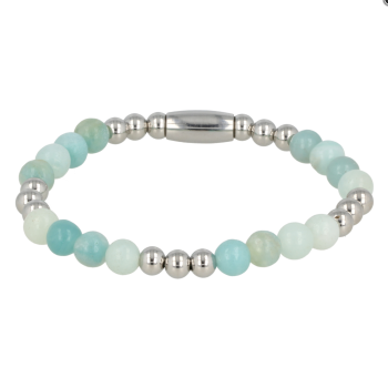 My Bendel Armband, Elastische Edelstalen Kralenarmband met Amazoniet Edelsteen (SMALL). - 23652
