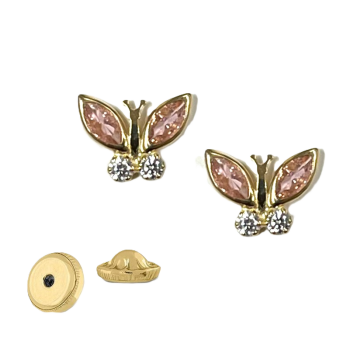 BY NIKKI Oorknoppen, 14krt.goud met zirkonia vlinder - 23686