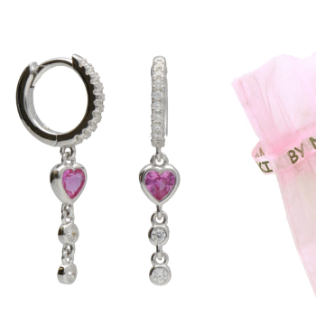 BY NIKKI Oorringen, zilver met roze harthanger  (diameter: 10mm.) - 24249