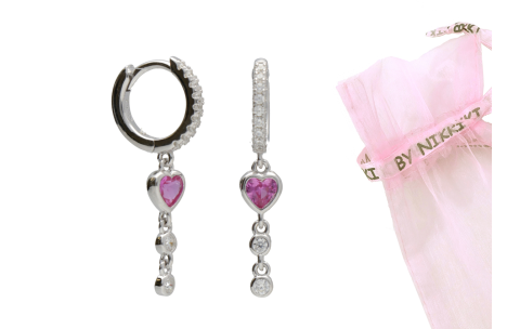 BY NIKKI Oorringen, zilver met roze harthanger  (diameter: 10mm.) - 24249