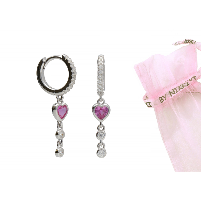 BY NIKKI Oorringen, zilver met roze harthanger  (diameter: 10mm.) - 24249
