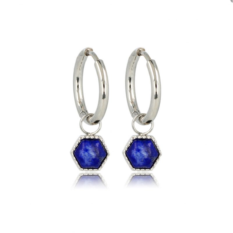 My Bendel Oorringen, edelstaal met Lapis Lazuli model Zeshoek (12x2mm.) - 24291