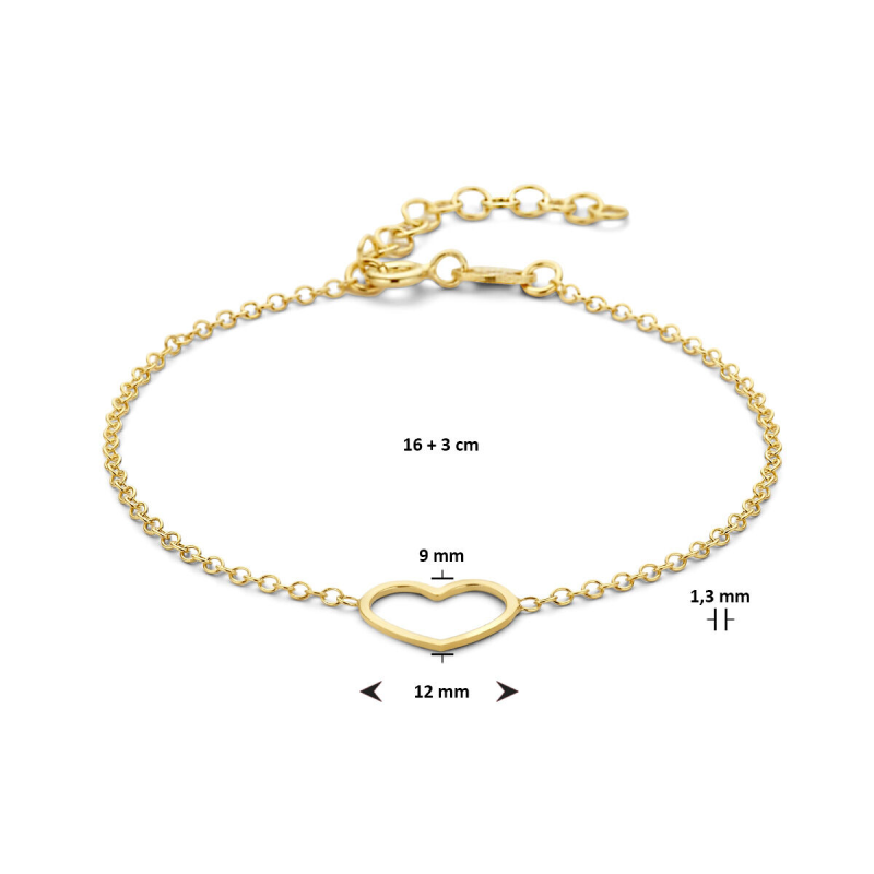 Armband, zilver verguld hart (lengte: 16-19cm.) - 24350